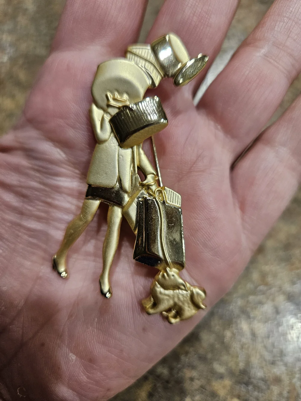 Gold-tone Lady with Shopping Bag Brooch